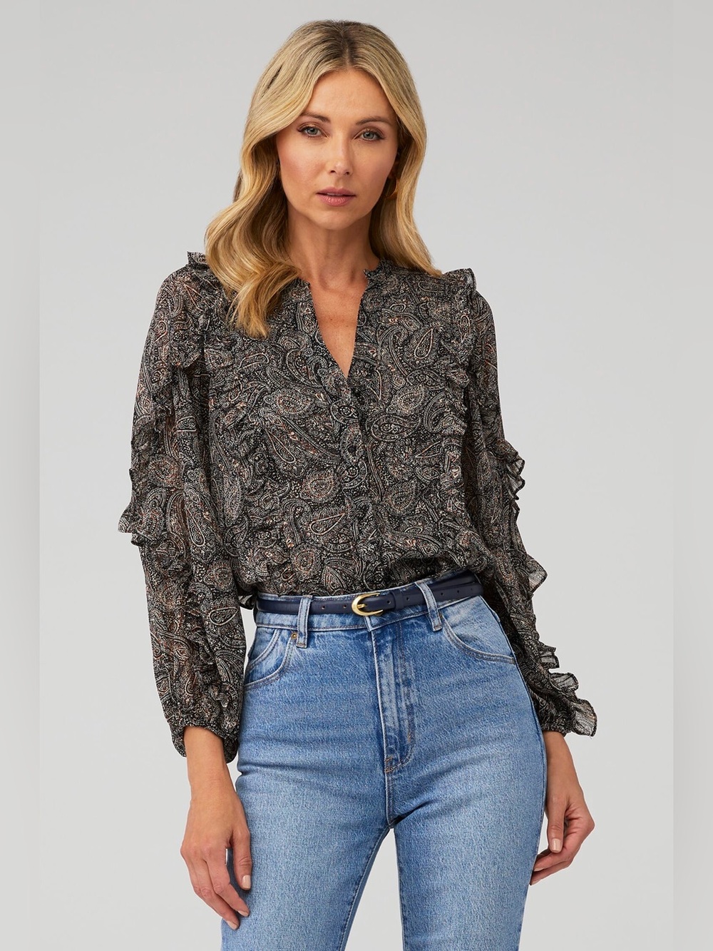 MISA Los Angeles Albertna Top Paisley Ruffle Long-Sleeve Blouse Black/Cream Sz S